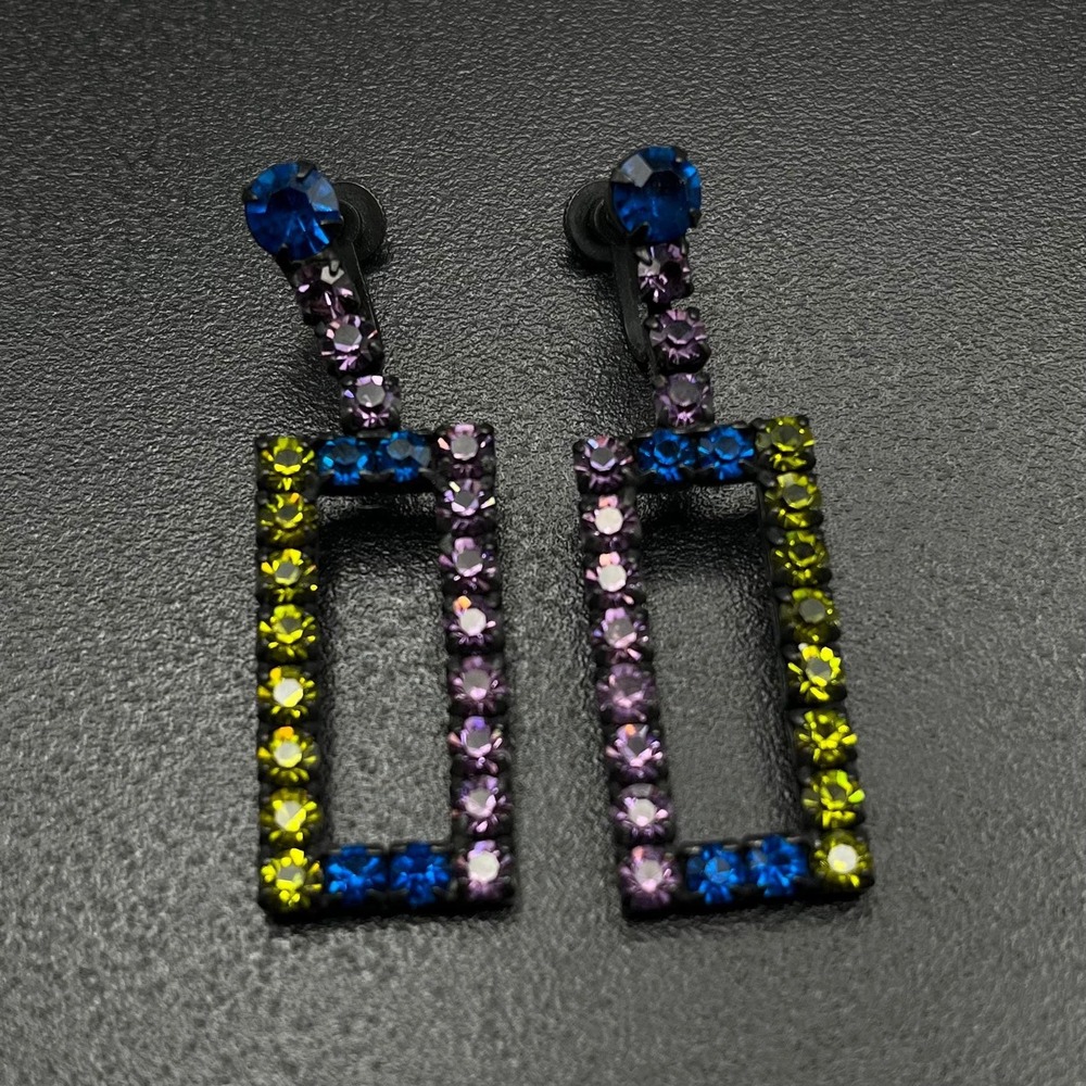 Mid-Century Japanned Rhinestone Geometric Multicolor Screwback‎ Drop Earrings - Picture 2 of 6